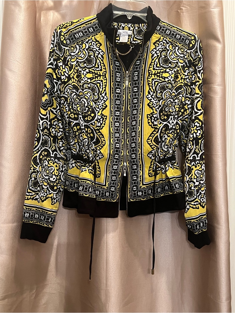 Cache Yellow Paisley-Print Bomber Jacket with Black Trim